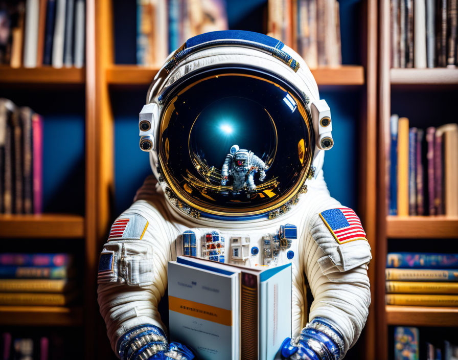 Astronaut suit and helmet with space reflection, bookshelves in background