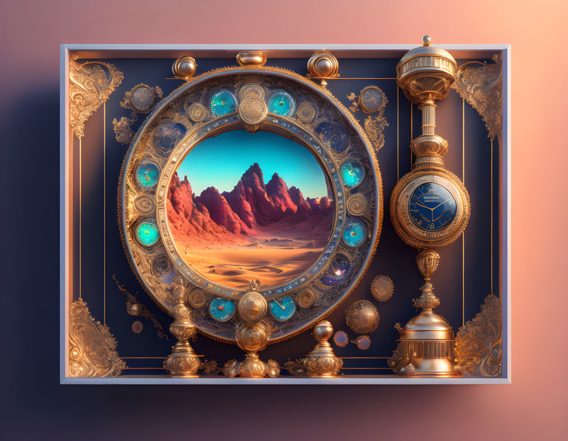 Ornamental Frame with Desert Landscape and Golden Telescope