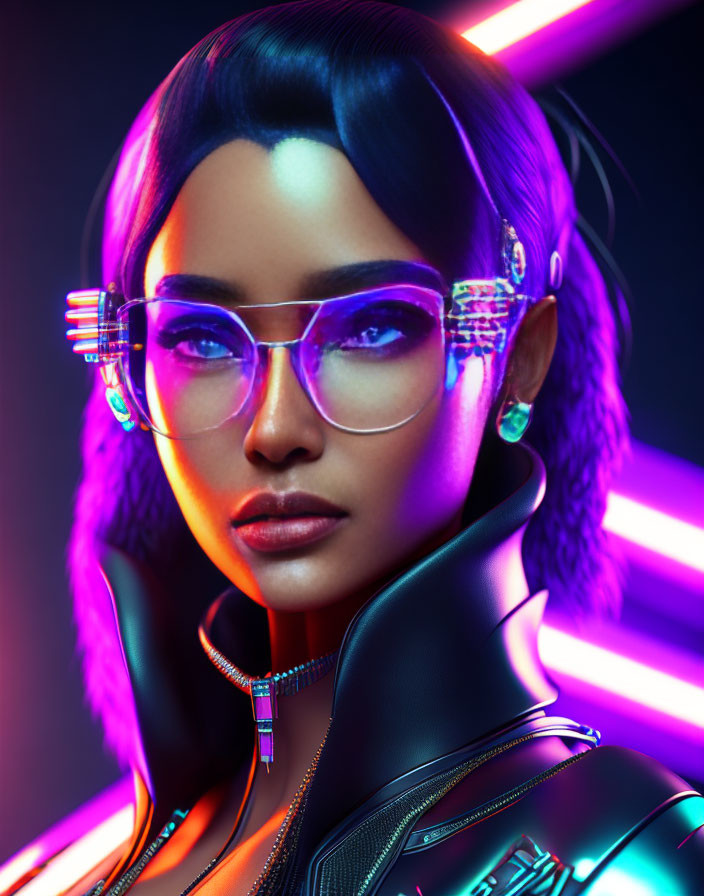 Futuristic portrait of woman with neon lights and tech-inspired attire