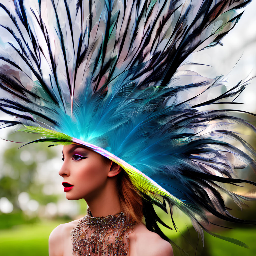 Colorful Feather Headpiece Makeup Look on Blurred Green Background