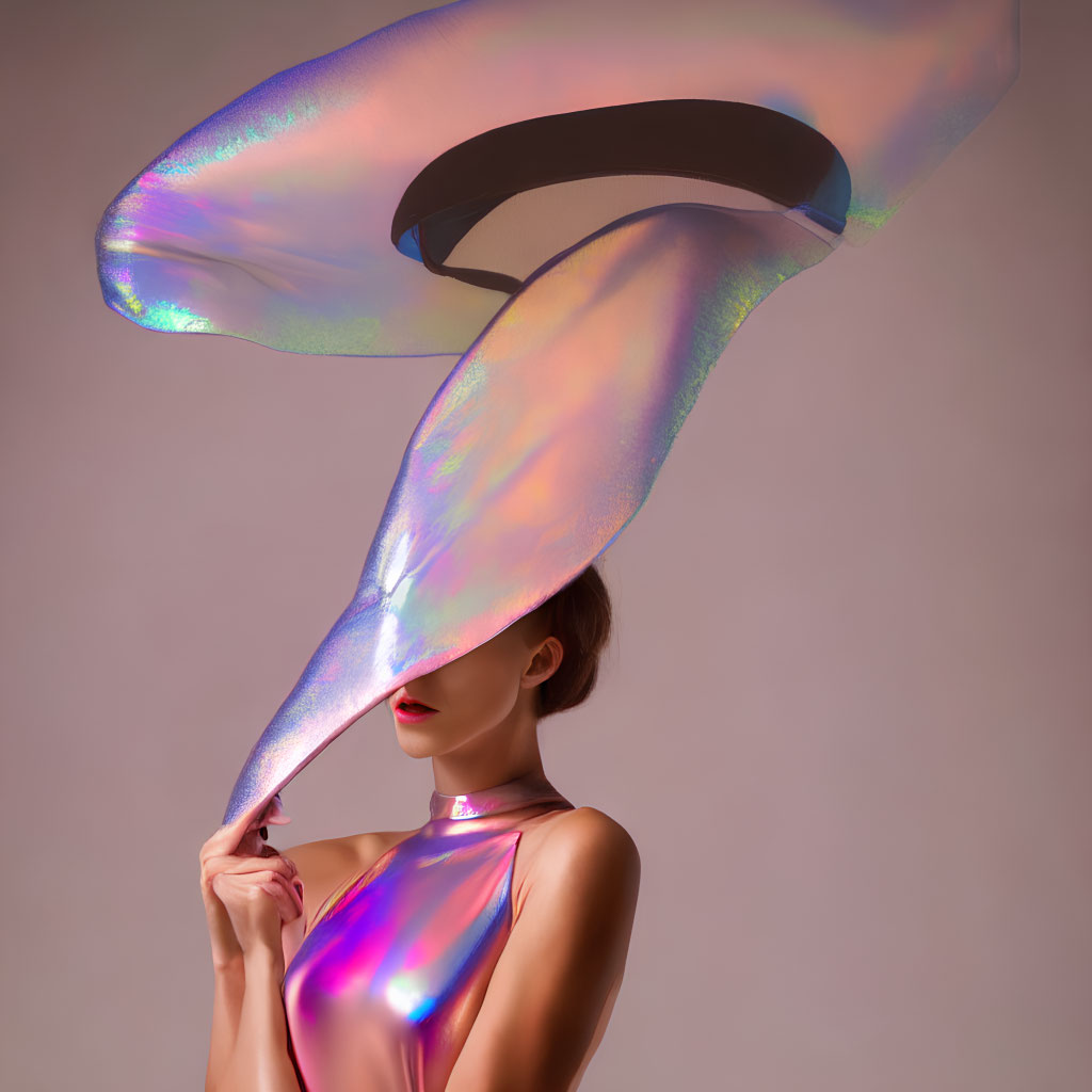 Iridescent Swirling Hat Woman in Metallic Garment Pose