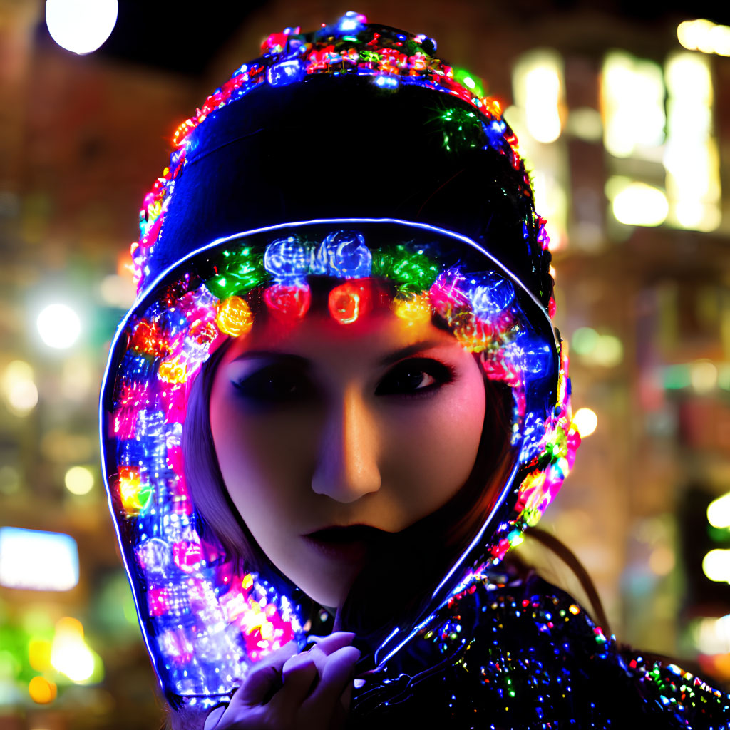 Colorful illuminated lights on hood create vibrant glow at night