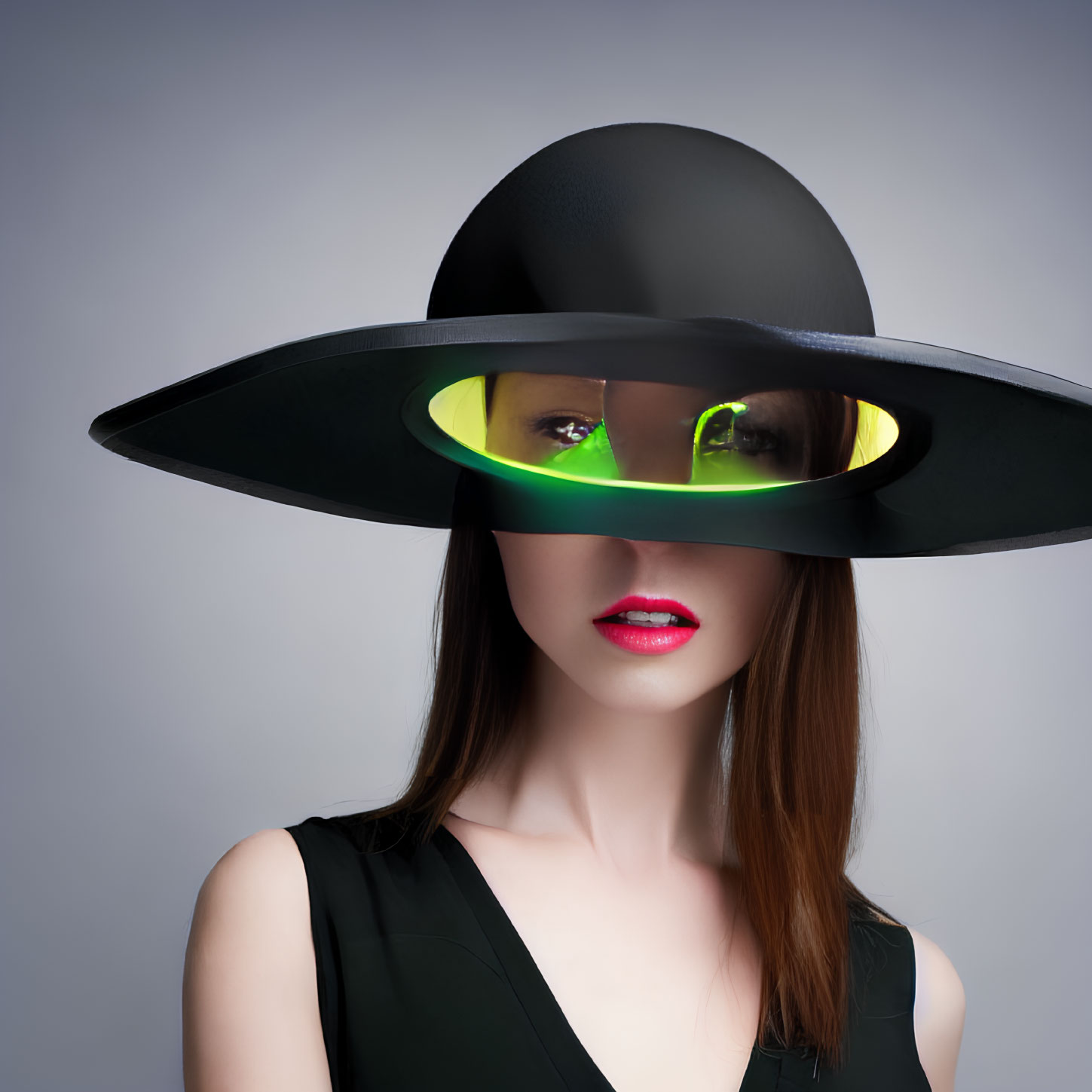 Woman in large brimmed hat with glowing green band and red lipstick on grey background