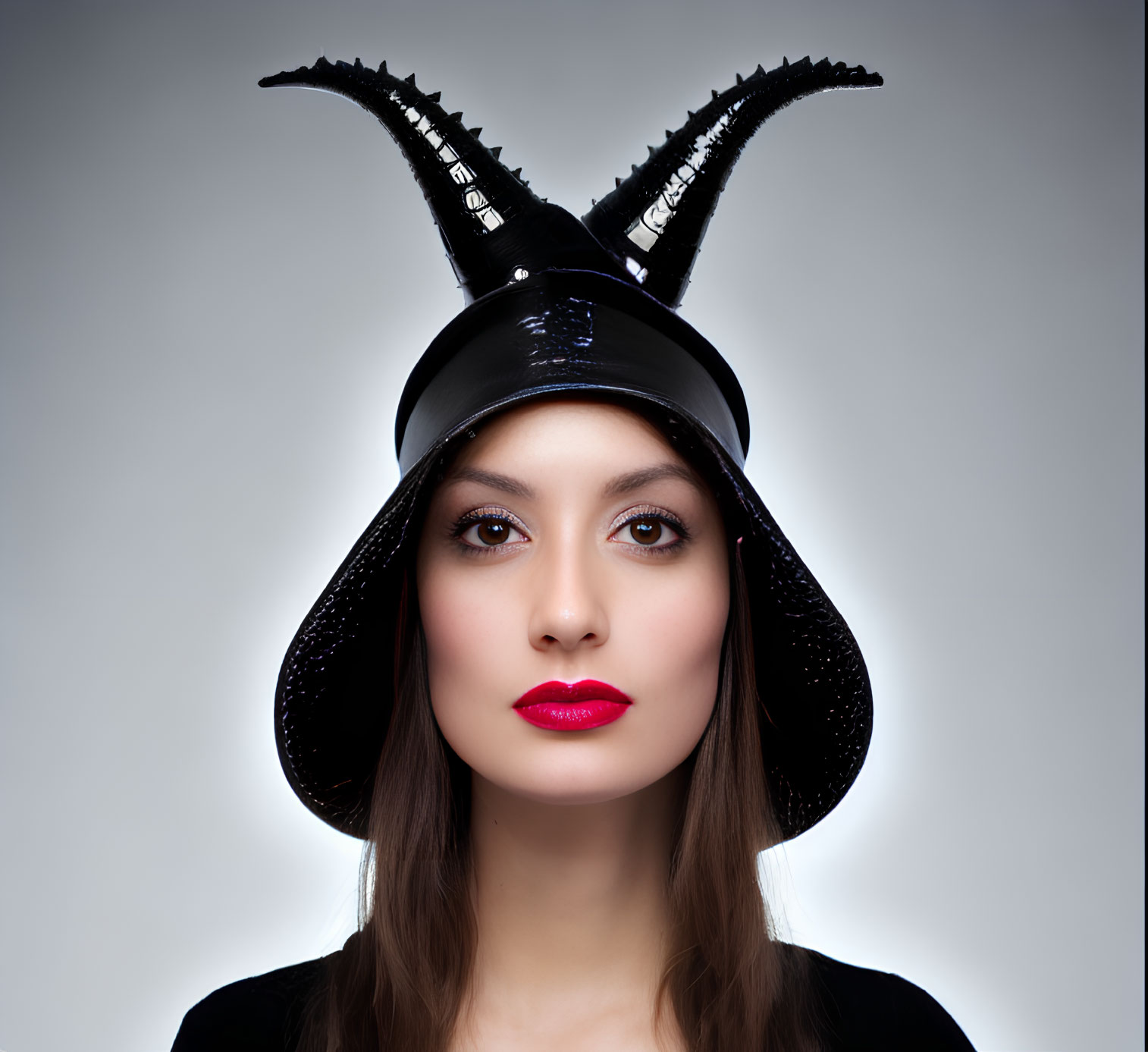 Woman with Red Lipstick in Glossy Black Hat on Grey Background