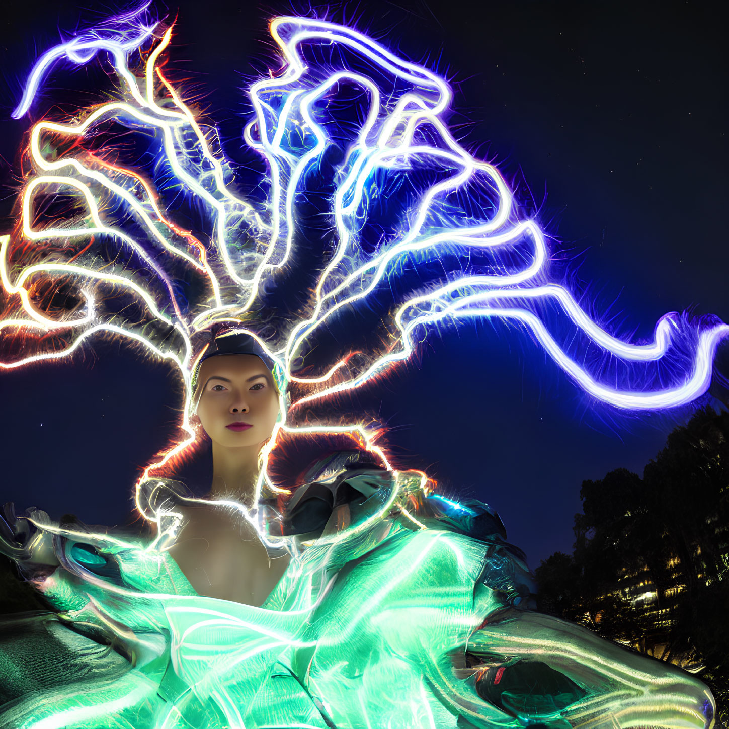 Elaborate neon light tree decorations on woman in night sky