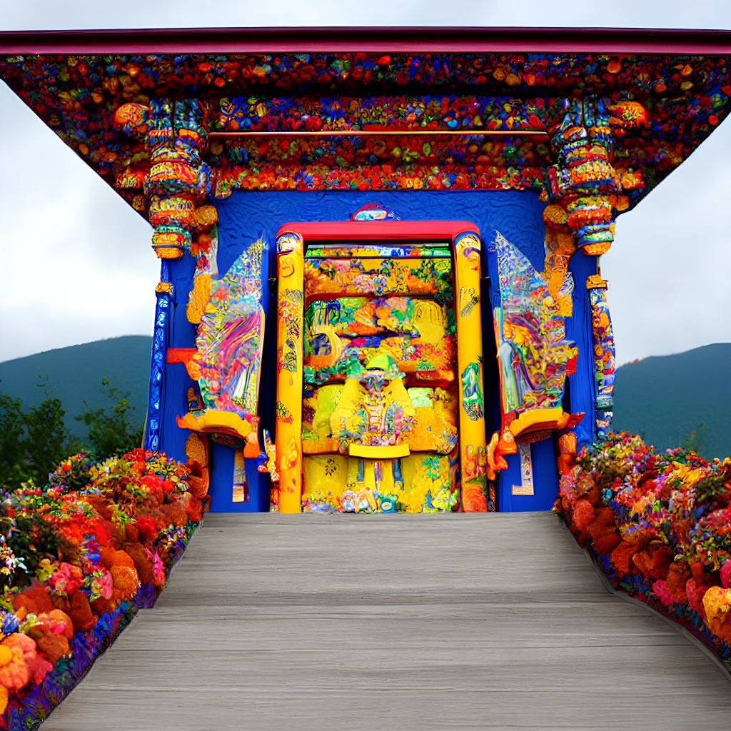 Colorful Floral Archway with Mountainous Backdrop and Cloudy Sky