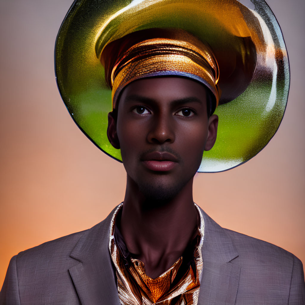 Man in Metallic Gold Turban and Silver Suit on Orange Background