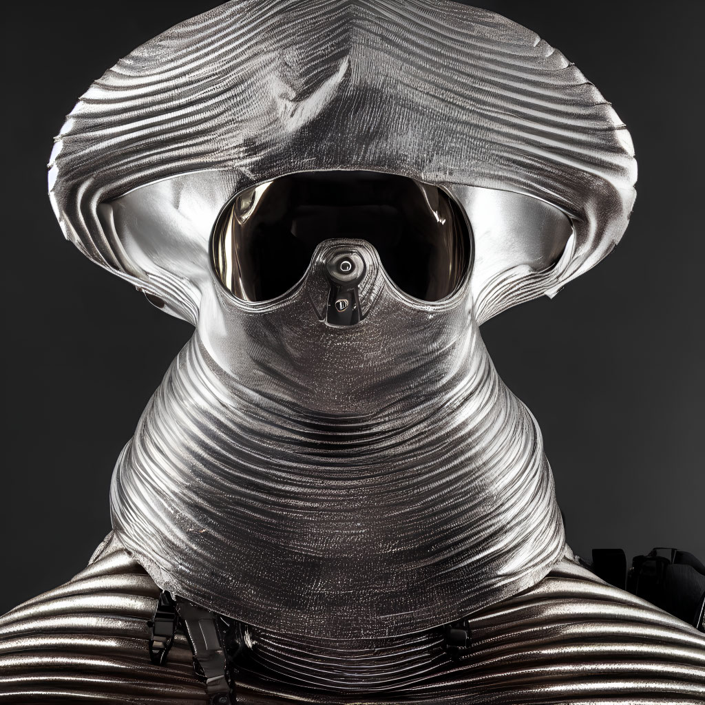 Person in Shiny Metallic Costume with Large Helmet and Dark Visor