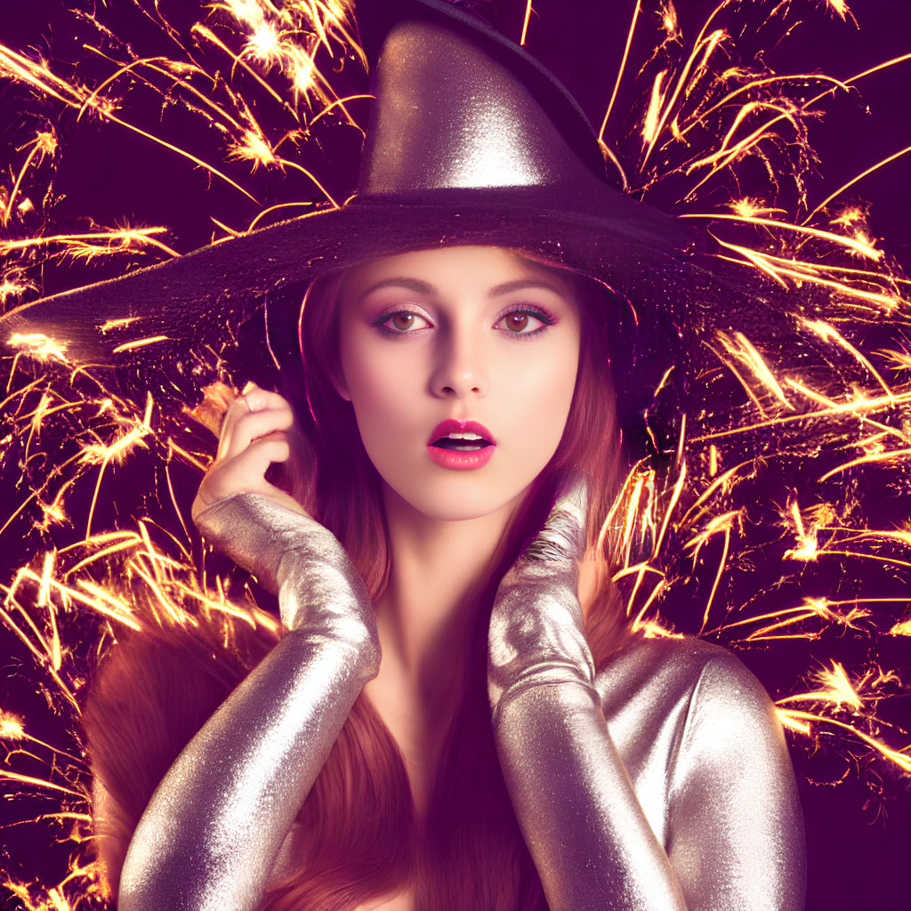 Woman with bold makeup in silver hat and gloves amid sparkling fireworks on dark background