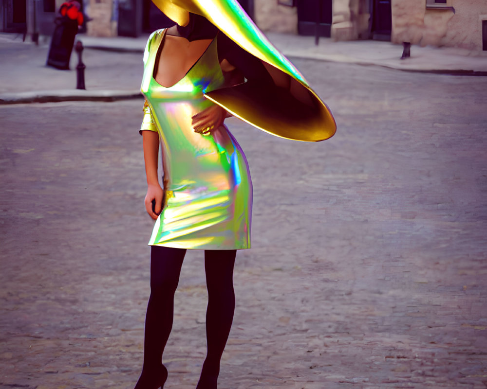 Futuristic figure in iridescent dress and wide-brimmed hat on cobblestone street