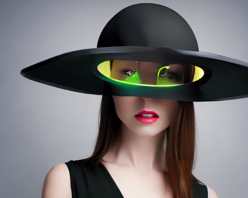 Woman in large brimmed hat with glowing green band and red lipstick on grey background