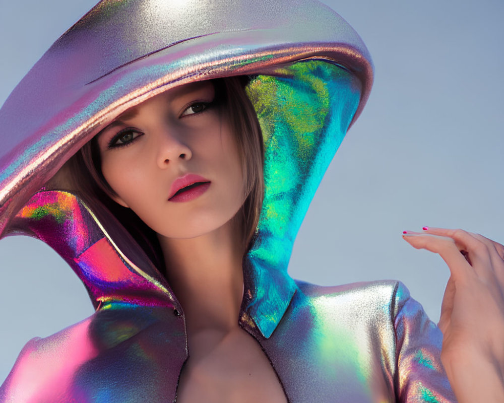 Iridescent Outfit and Futuristic Hat on Woman Against Blue Background