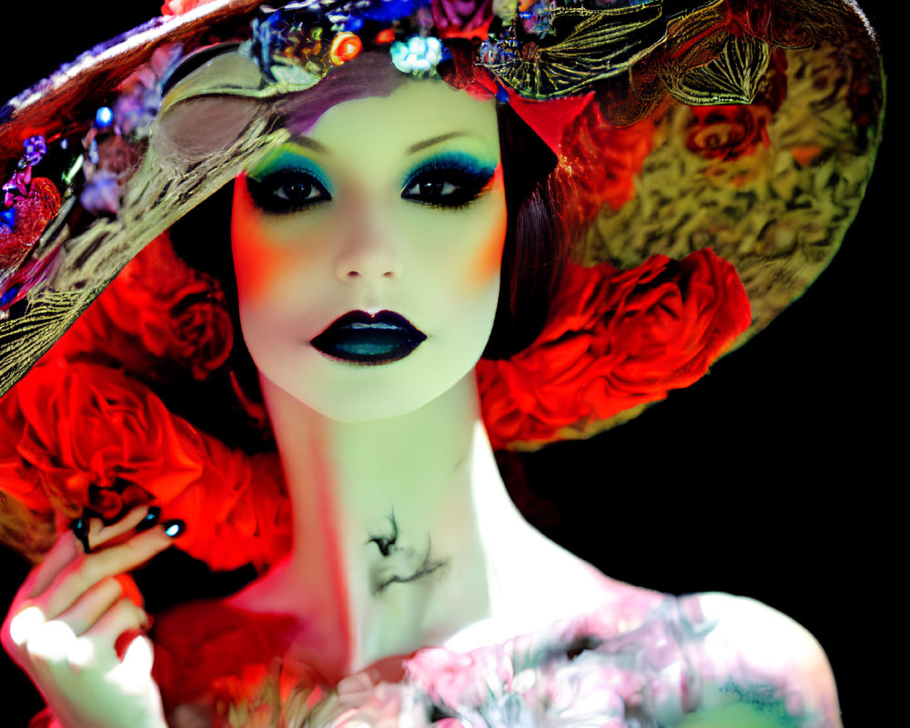 Colorful portrait of a woman with dramatic makeup and floral hat