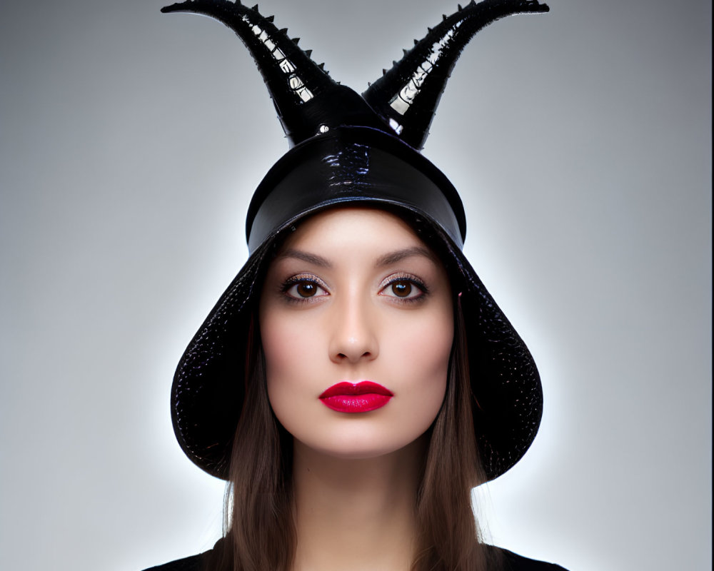 Woman with Red Lipstick in Glossy Black Hat on Grey Background