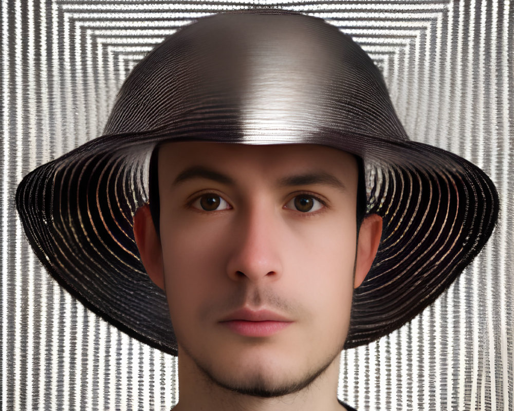 Young man in large metallic hat on hypnotic geometric backdrop