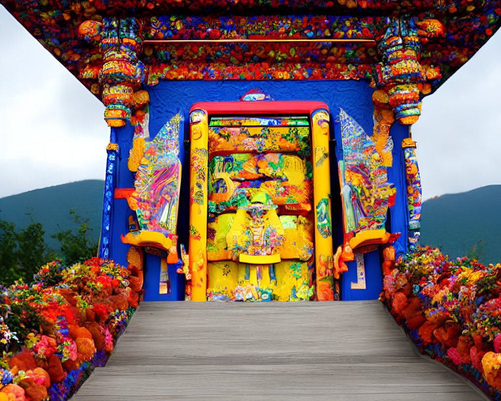 Colorful Floral Archway with Mountainous Backdrop and Cloudy Sky