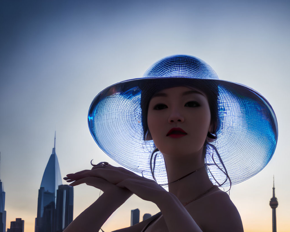 Woman in Red Lipstick and Blue Hat Poses Against City Skyline at Dusk