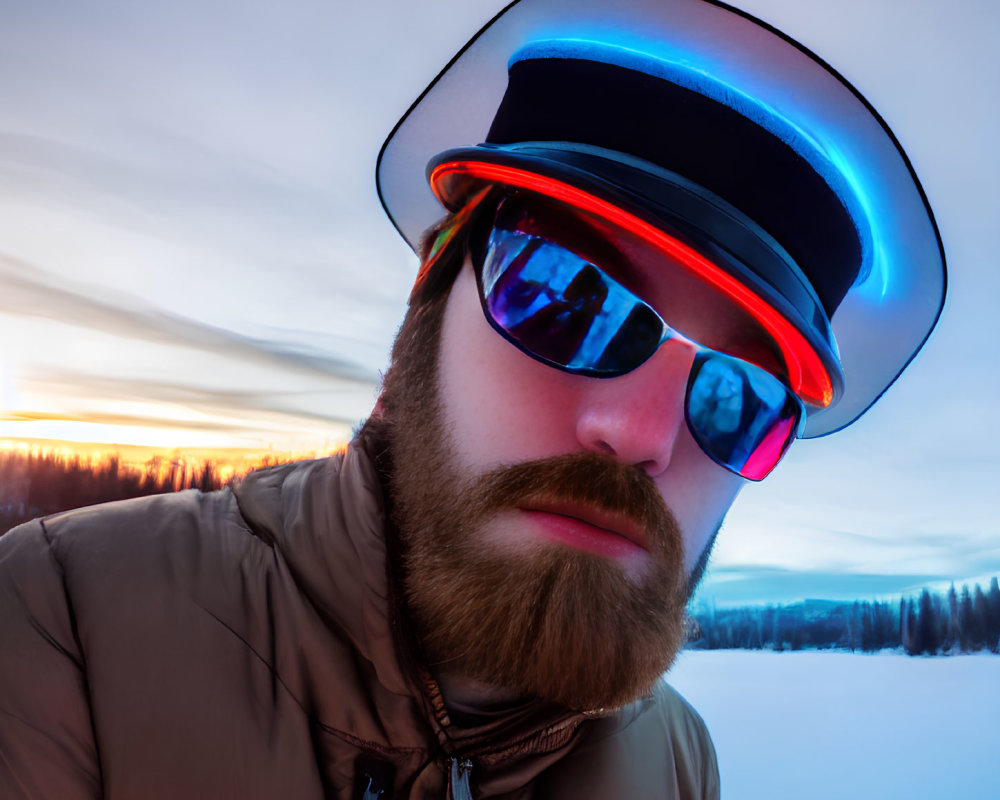 Bearded man in vibrant hat and sunglasses against snowy sunset landscape