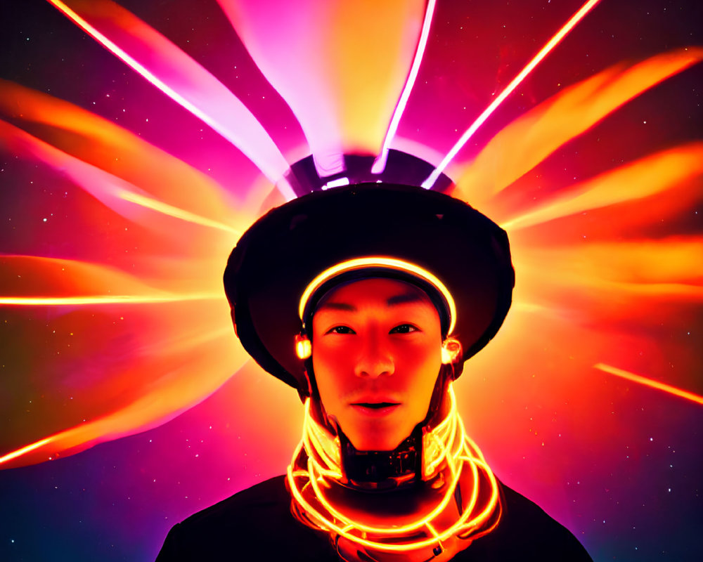 Glowing neon futuristic headgear with colorful light beams on starry background