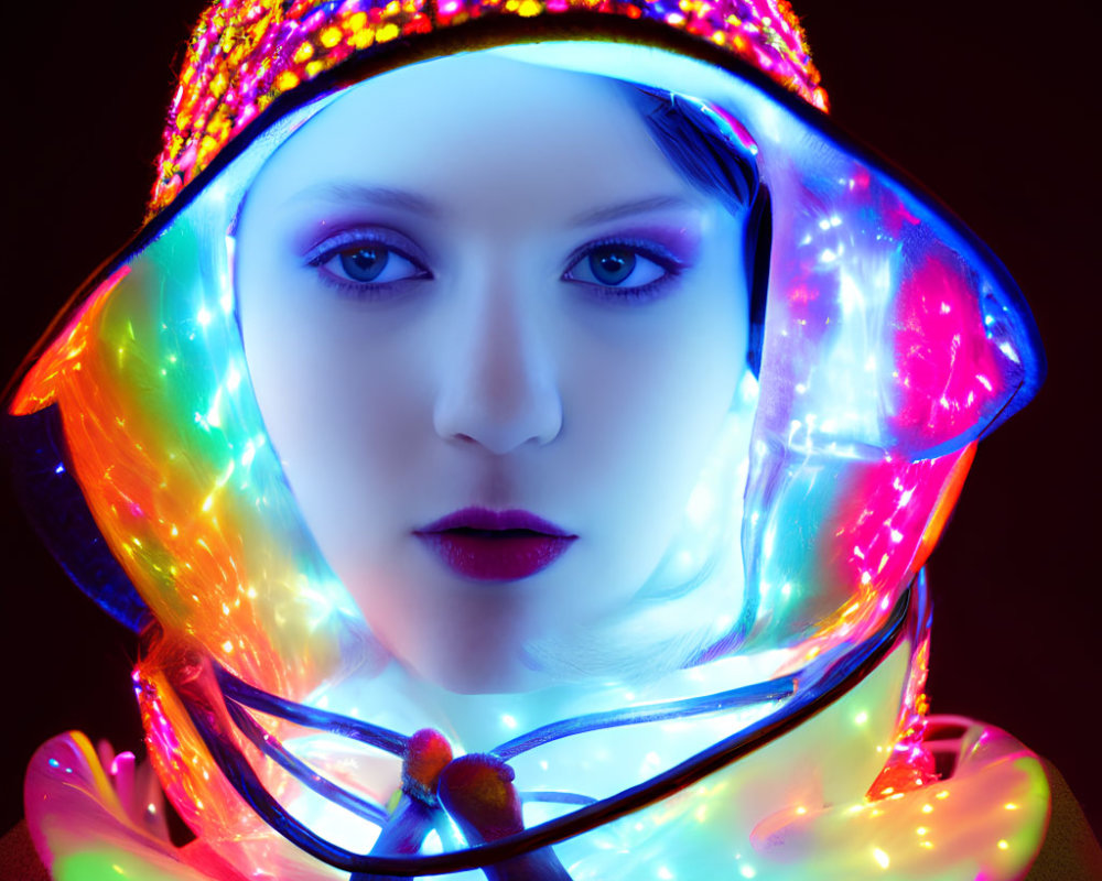 Colorful portrait of person in luminous makeup and glowing outfit