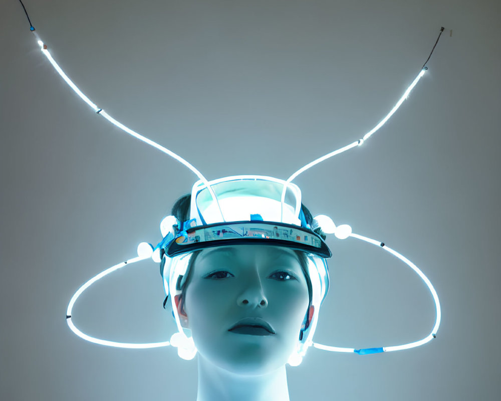 Futuristic halo headgear with neon lights and antennas on person
