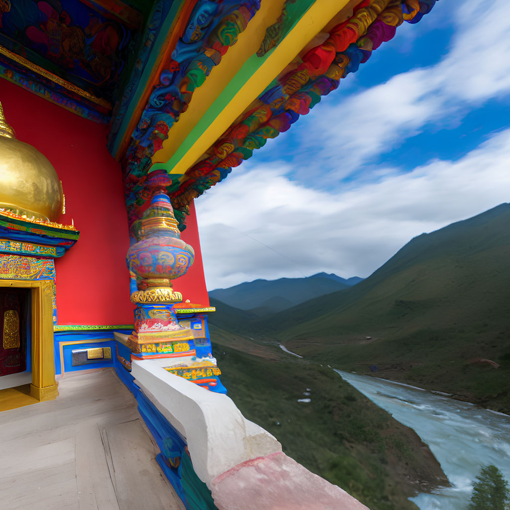 Colorful Tibetan Monastery Architecture with Golden Dome by River