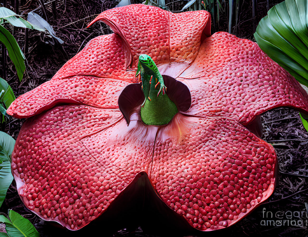 Frog on vibrant red Rafflesia flower with dark background