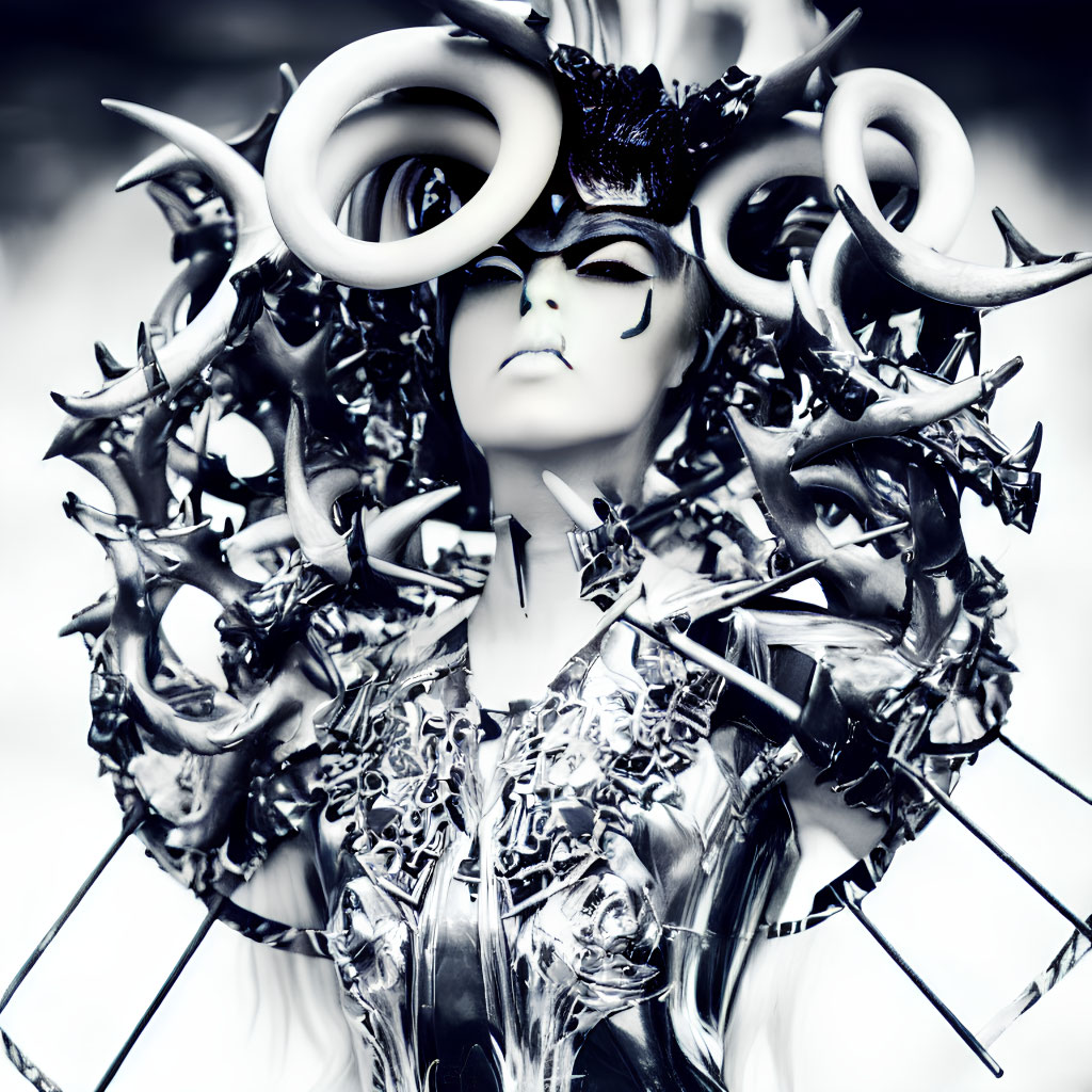 Intricate Black Headdress with Horns and Spikes, Dramatic Makeup, Metallic Garment