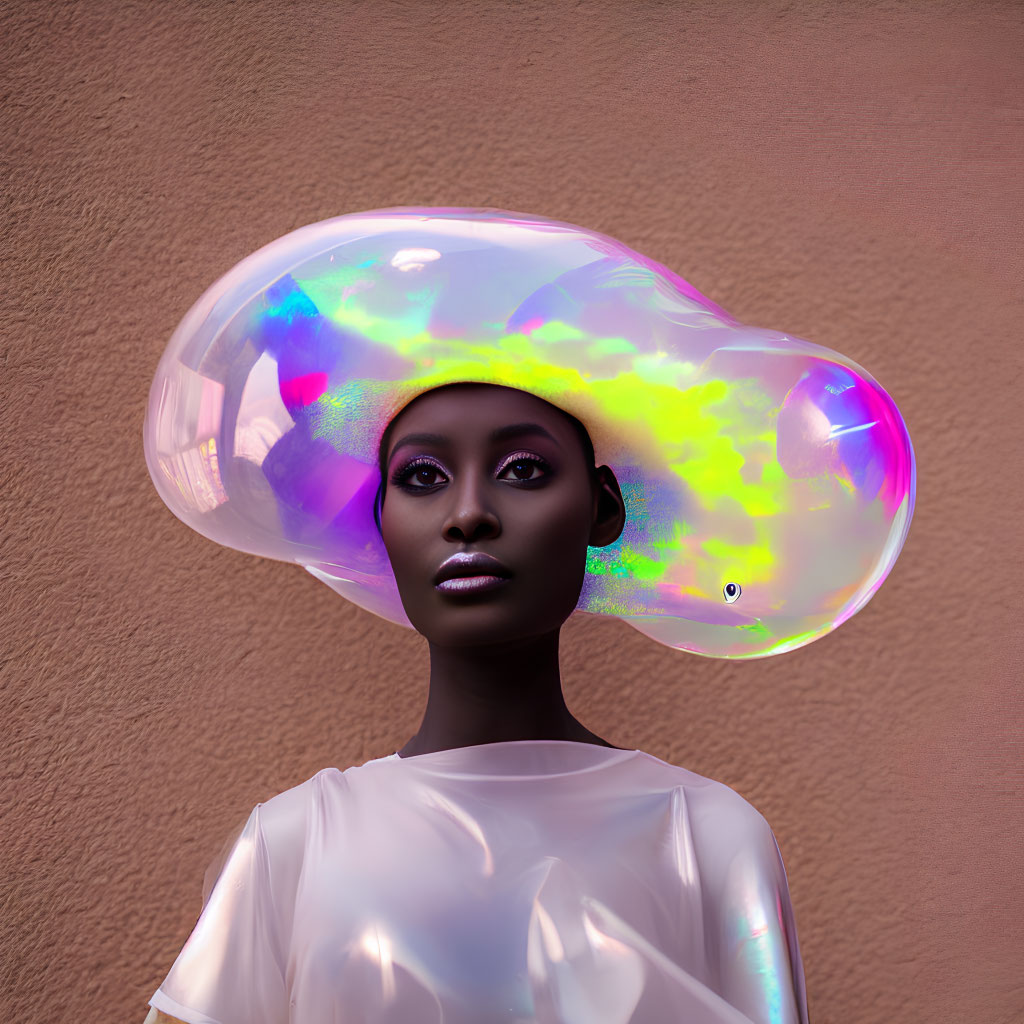 Dark-skinned woman in white blouse with iridescent bubble headpiece on pink wall