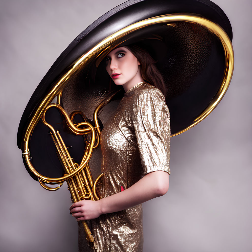 Woman in Gold Dress with French Horn and Black Hat on Grey Background