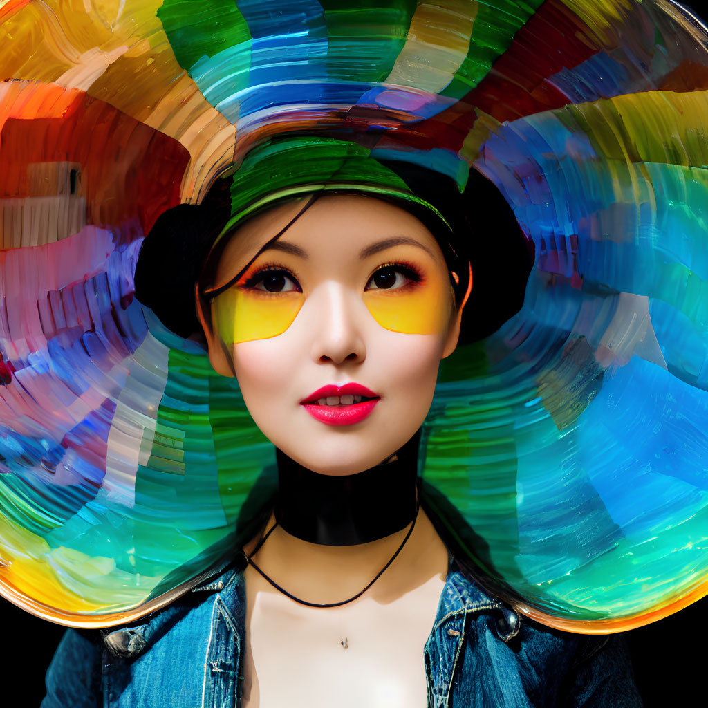 Colorful Makeup and Translucent Headpiece on Woman with Yellow Glasses