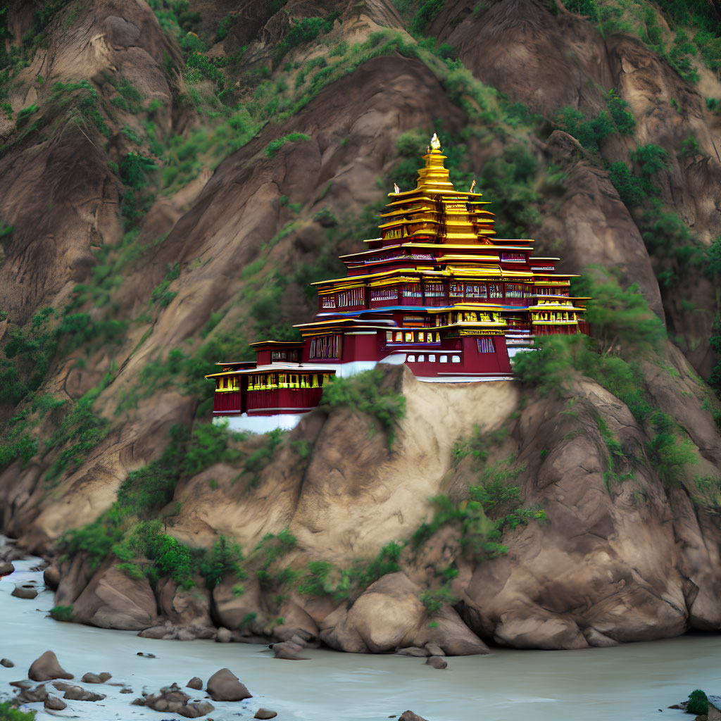 Golden-roofed multi-tiered temple on rocky hill near flowing river surrounded by lush green mountains