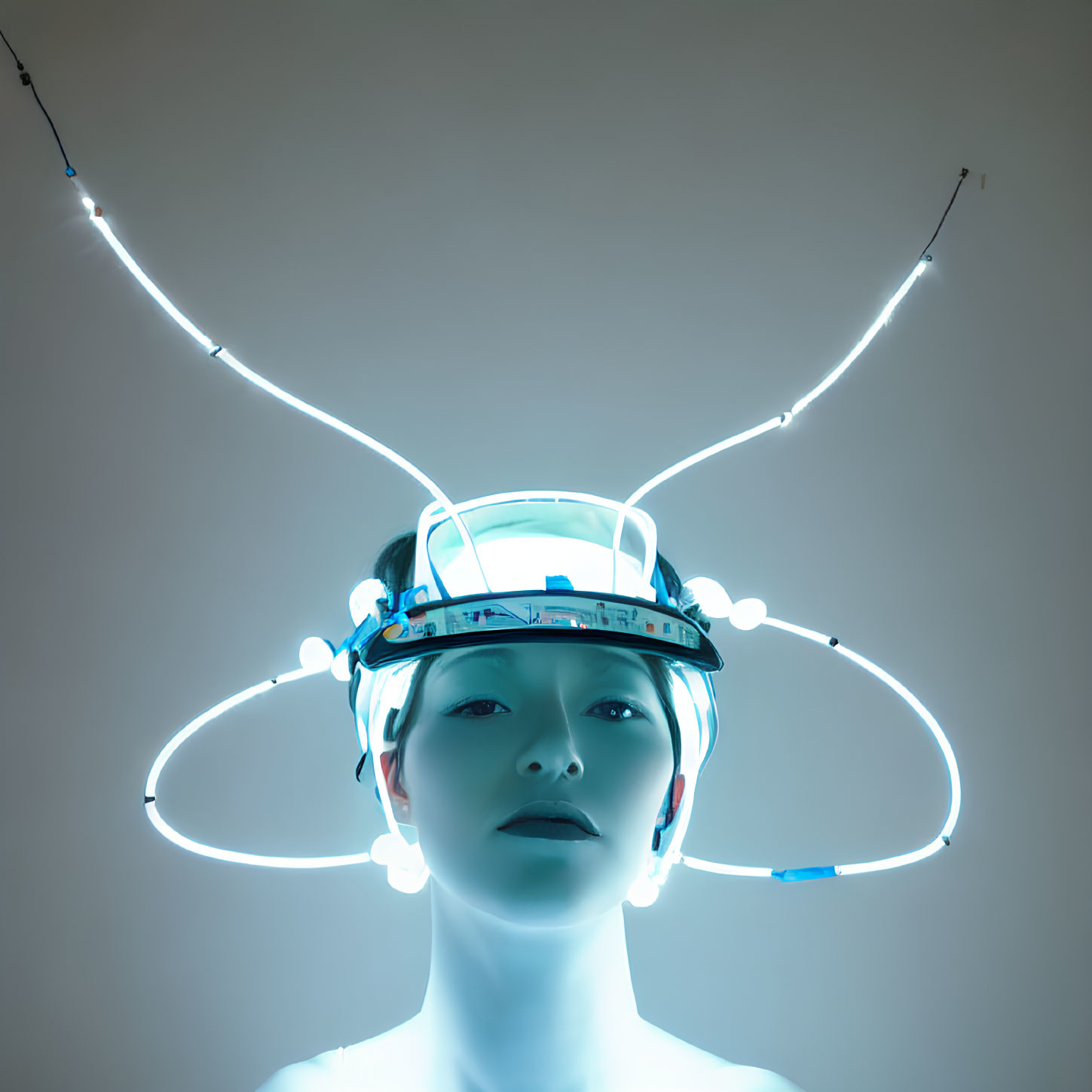 Futuristic halo headgear with neon lights and antennas on person