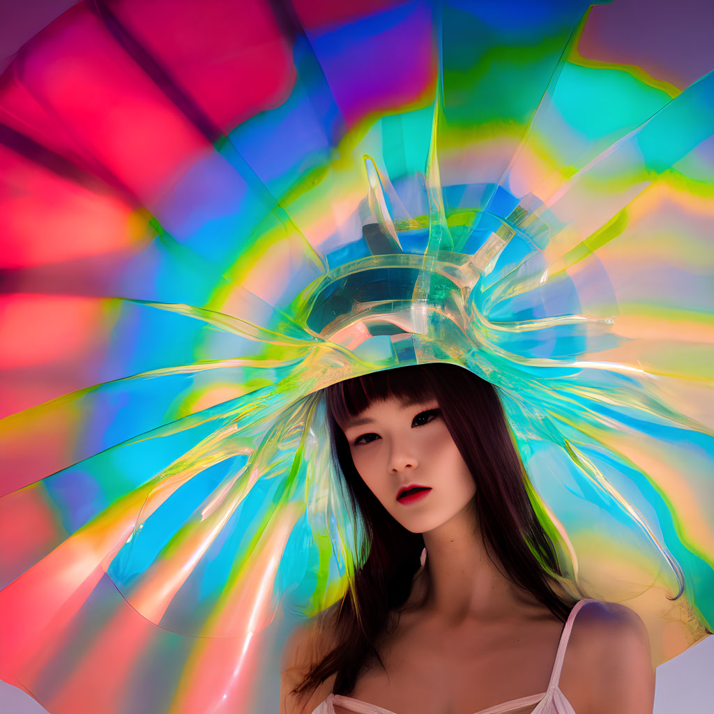 Woman with Striking Makeup in Iridescent Headpiece