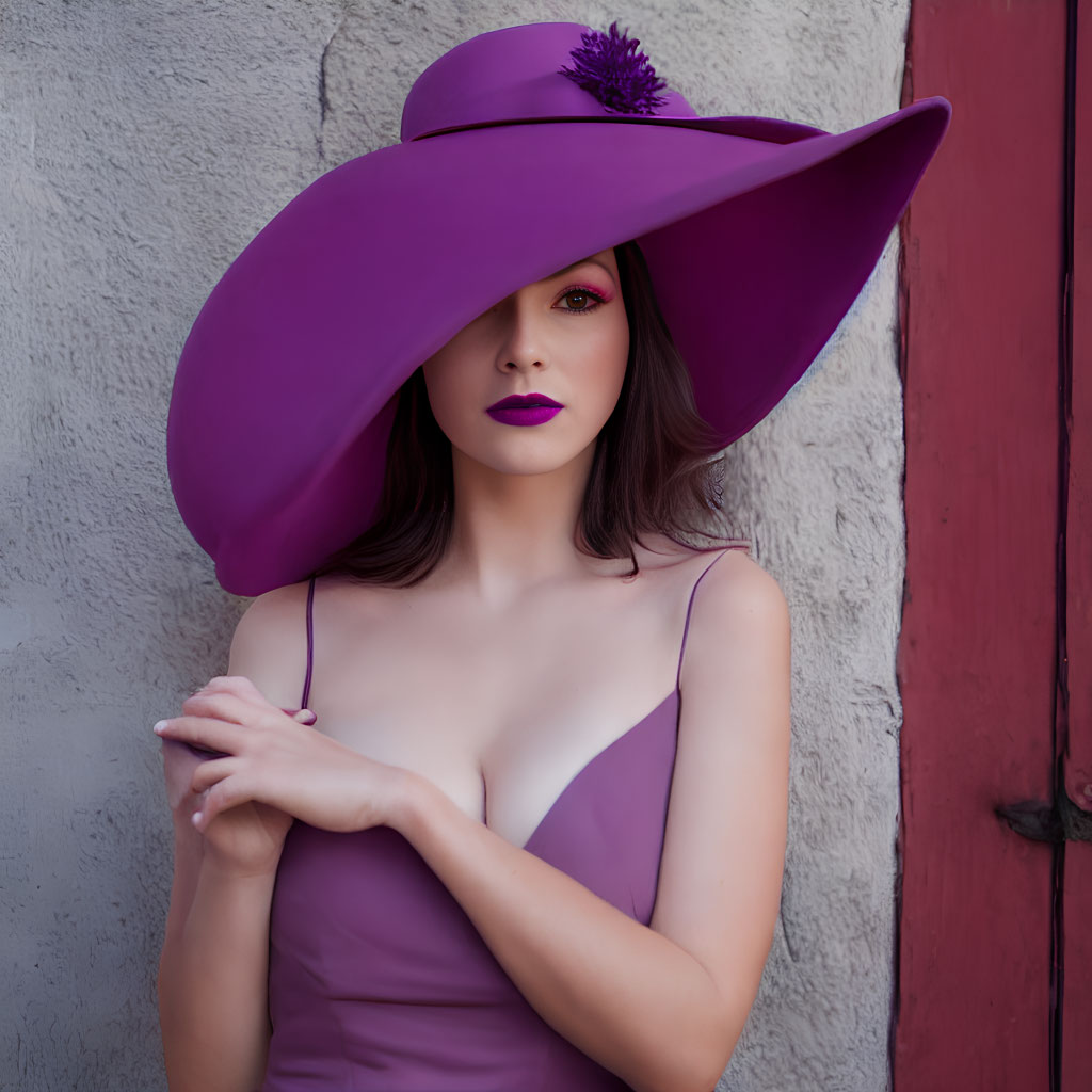 Elegant woman in purple dress and hat against red wall with bold lipstick