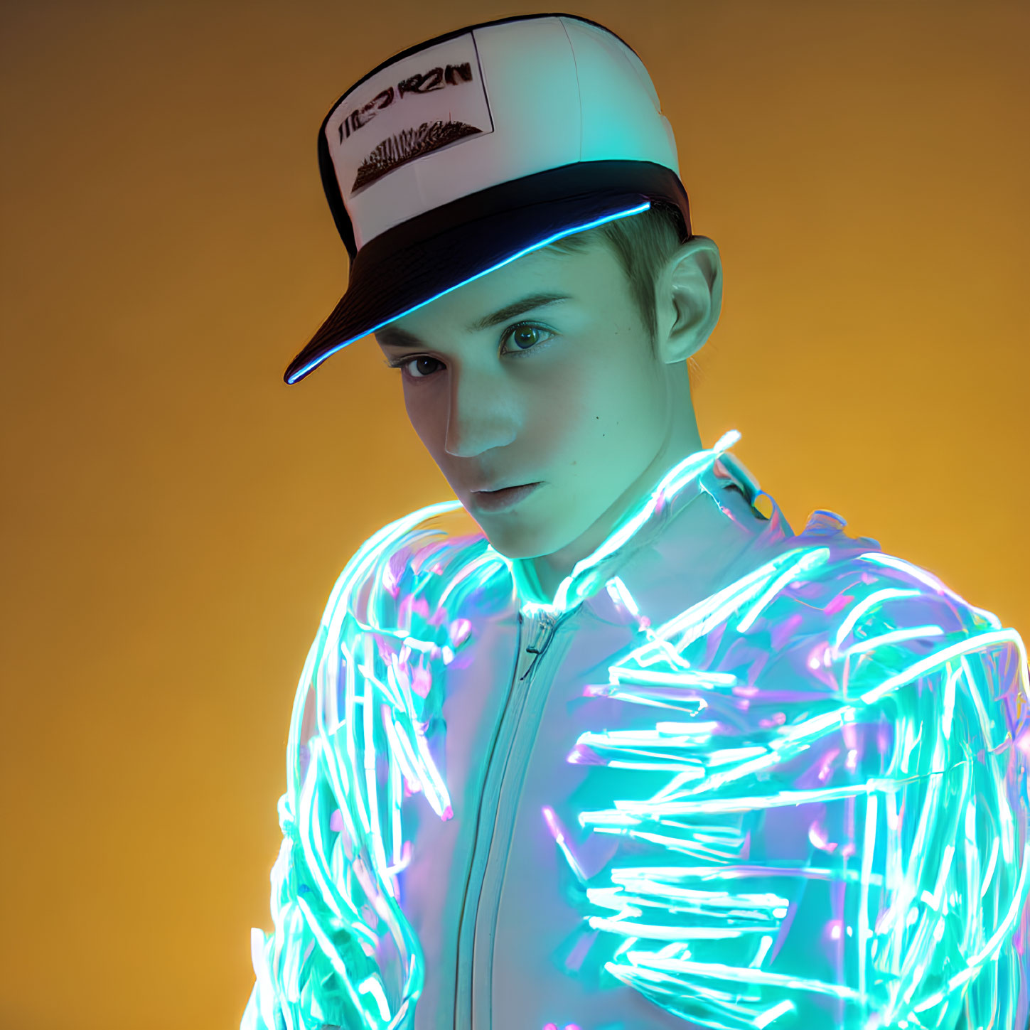 Person in Cap and Neon Jacket on Orange Background