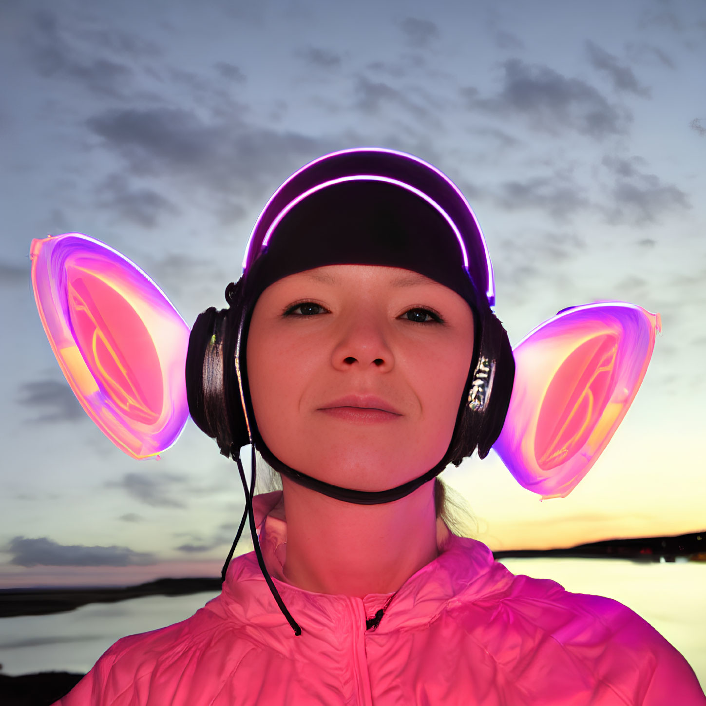 Woman in Pink Jacket with Glowing Cat Ear Headphones at Twilight