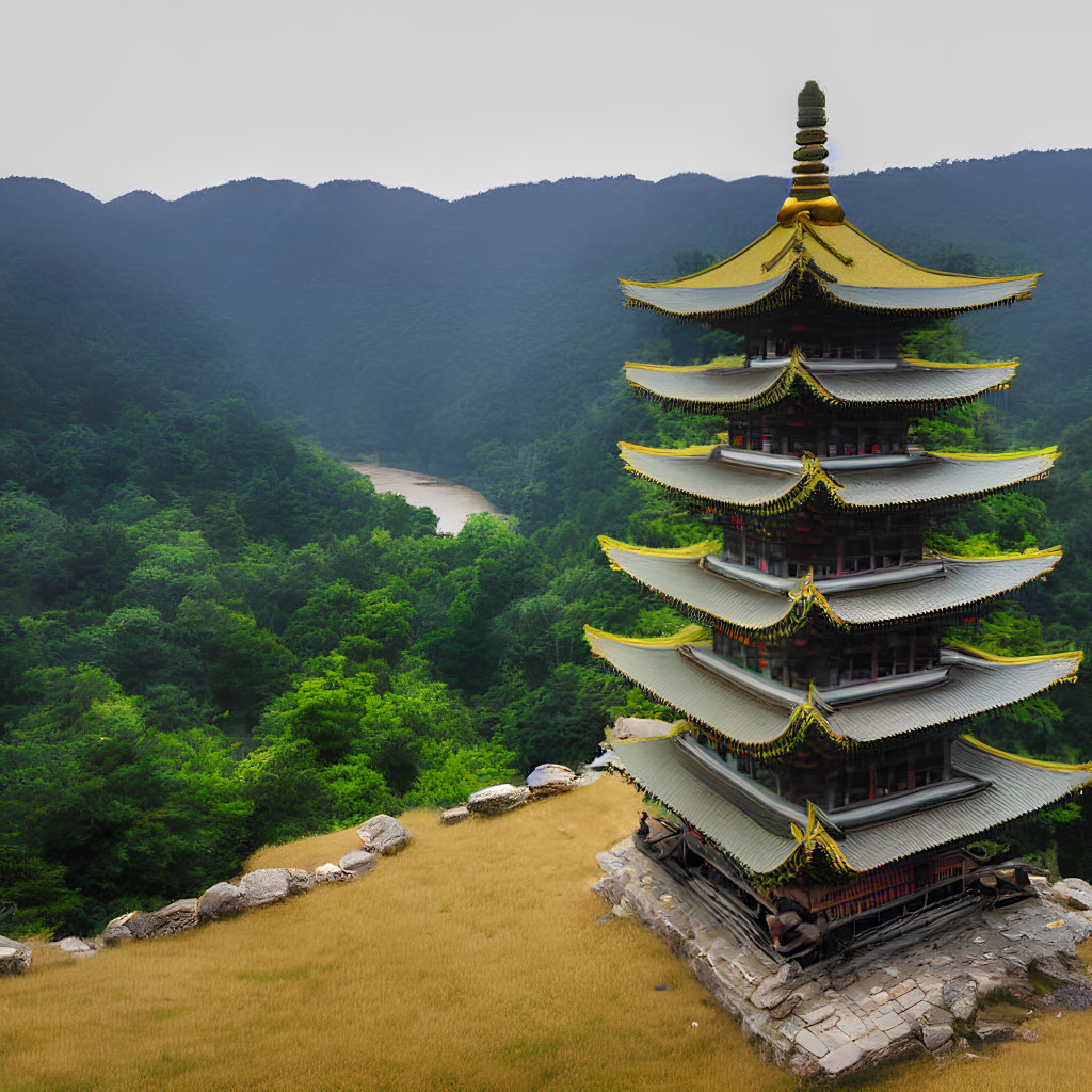 Golden-roofed pagoda in lush greenery with winding river