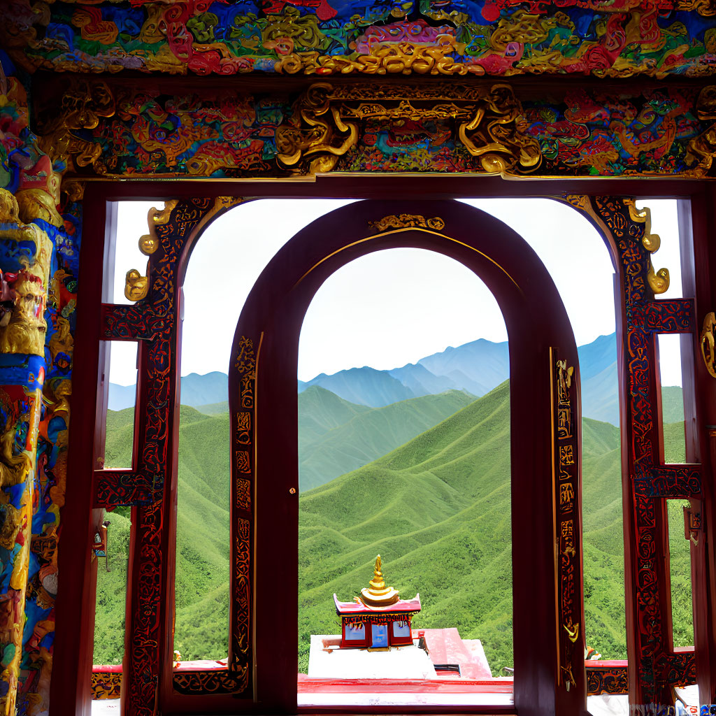 Traditional archway frames vibrant red temple with golden roof amidst green hills and blue sky