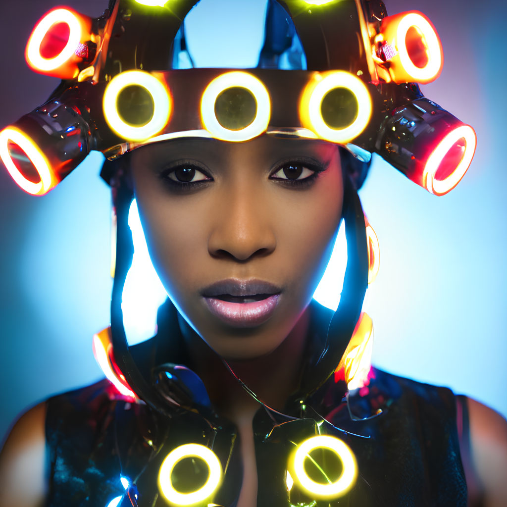 Futuristic helmet with illuminated rings on woman's head