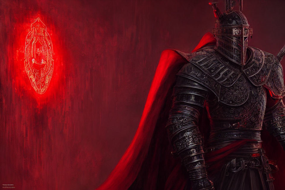 Ornate Black Knight with Red Cape and Shield Emblem on Dark Red Background