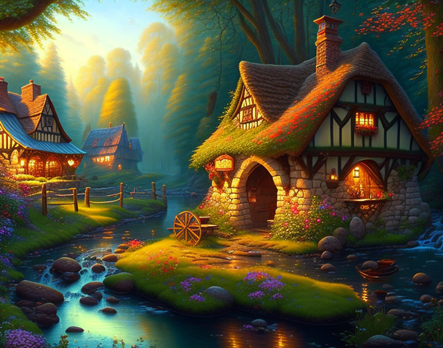Tranquil fantasy village with cottages, stream, and lush forests