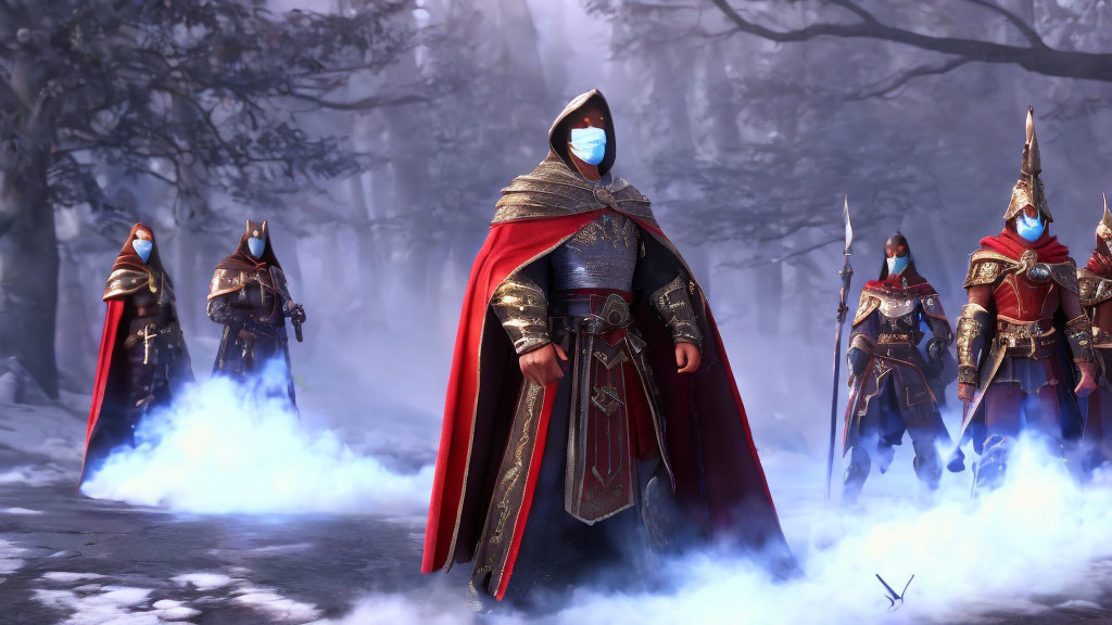 Armored knights with blue masks and red capes in misty forest