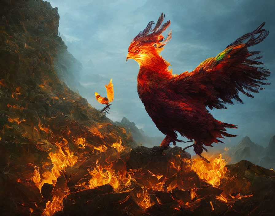 Fiery phoenix and smaller bird on molten rocks with smoky mountains.