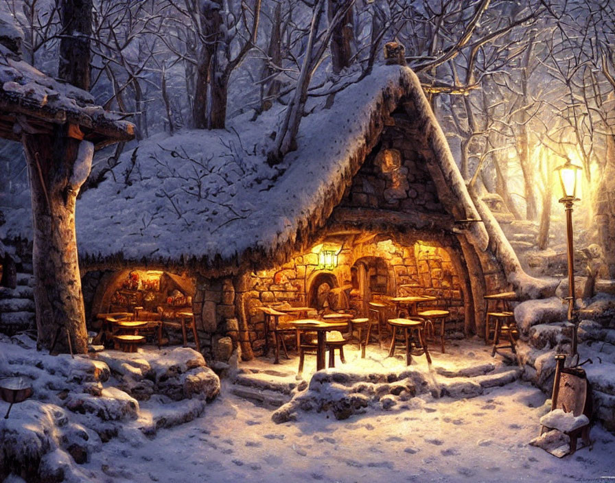 Snow-covered cottage in serene winter forest at dusk
