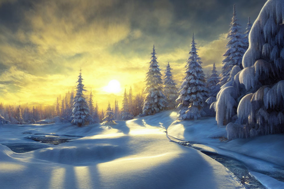 Winter landscape: Snow-covered pine trees, frozen river, setting sun glow