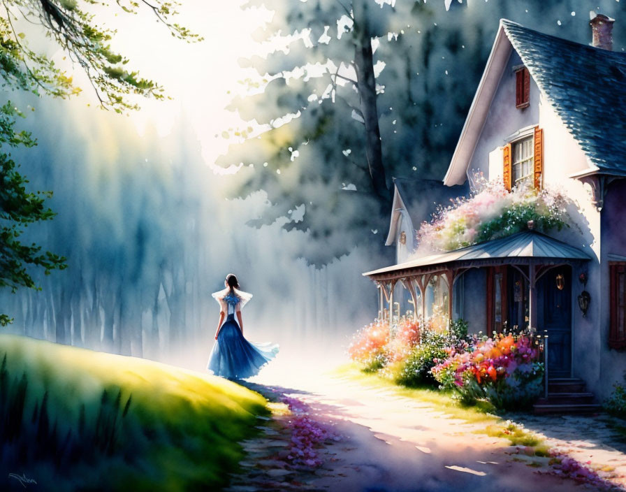 Woman in Blue Dress Near Cozy Cottage and Vibrant Flowers