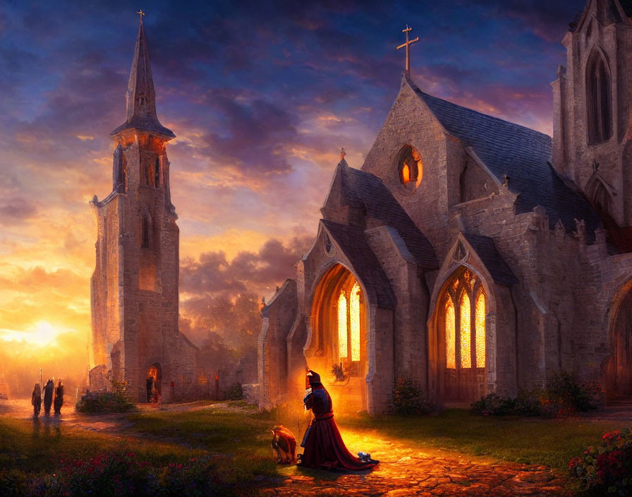 Woman in red cloak with dog outside glowing medieval church at sunset