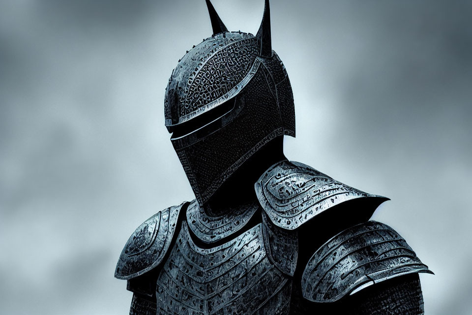 Detailed Medieval Knight in Intricate Armor Under Gloomy Sky