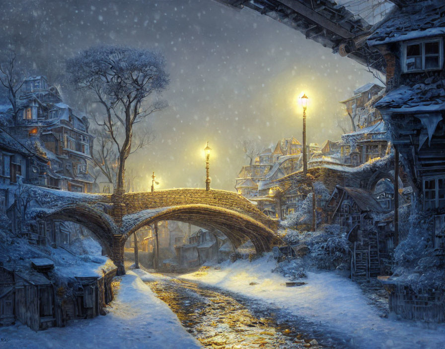 Quaint snow-covered street with traditional houses and stone bridge at twilight